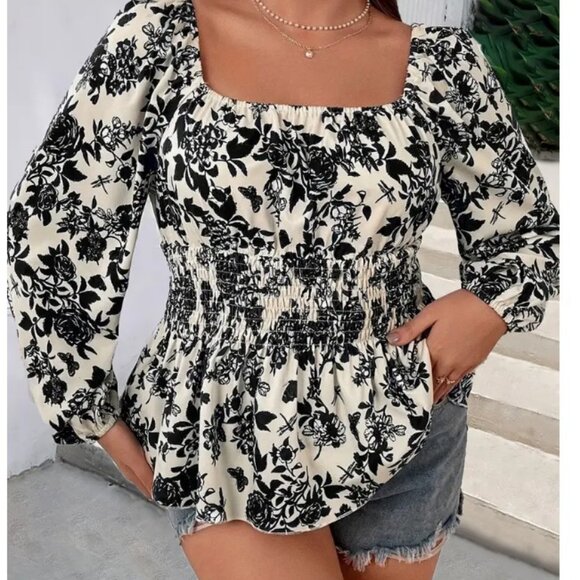 Tops - Floral Print Elastic Waist Blouse Size XXL